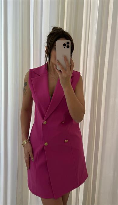  Slim Fit Rahat Kolsuz Double Crep Kumaş  Elbise -Fuşya