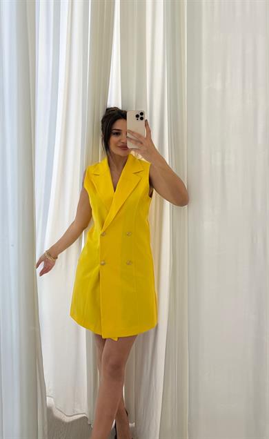  Slim Fit Rahat Kolsuz Double Crep Kumaş  Elbise -Sarı