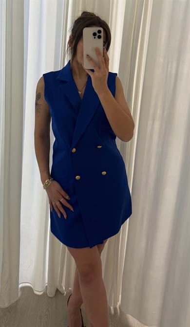  Slim Fit Rahat Kolsuz Double Crep Kumaş  Elbise -Mavi