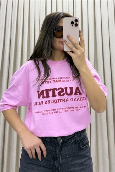 %100 Organik Pamuklu Nakış Işlemeli Ve Kabartmalı Baskılı Oversize Pembe T-shirt
