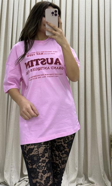 %100 Organik Pamuklu Nakış Işlemeli Ve Kabartmalı Baskılı Oversize Pembe T-shirt