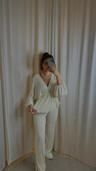 2li Takım Krinkıl Kumaş beli lastikli pantolon-Ekru