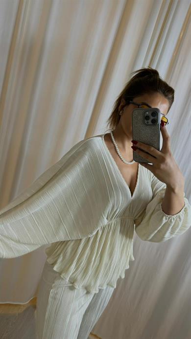 2li Takım Krinkıl Kumaş beli lastikli pantolon-Ekru