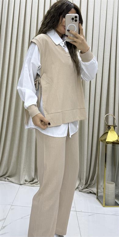 3lü Relax Fit Rahat Kalıp Basic Düz Casual  3lü Pantolon Takım -bej