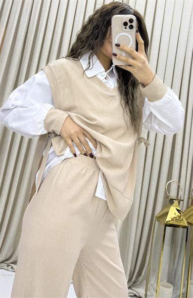 3lü Relax Fit Rahat Kalıp Basic Düz Casual  3lü Pantolon Takım -bej