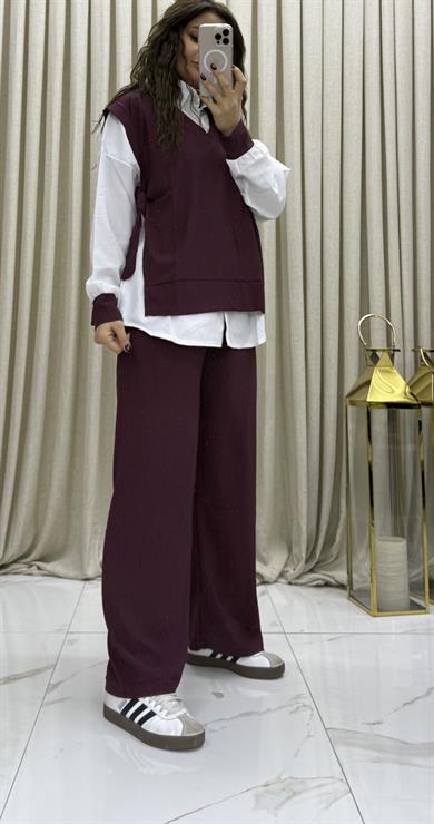3lü Relax Fit Rahat Kalıp Basic Düz Casual  3lü Pantolon Takım mürdüm