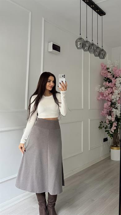 Kahve A Kesim Ribana Detaylı Triko Etek