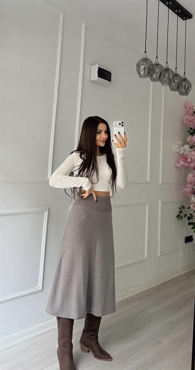 Kahve A Kesim Ribana Detaylı Triko Etek