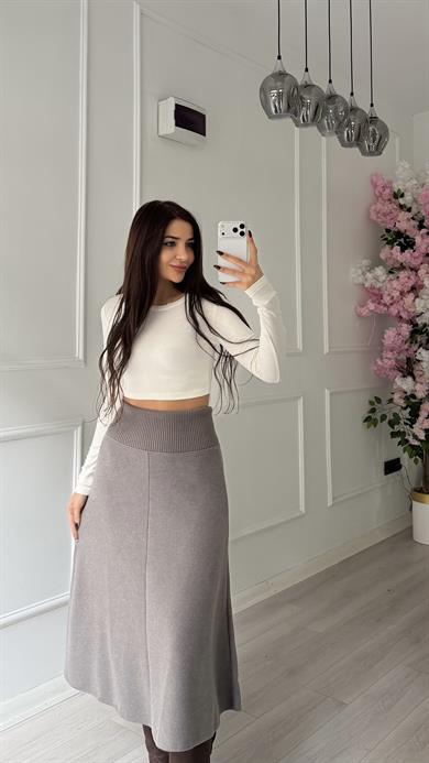 Kahve A Kesim Ribana Detaylı Triko Etek