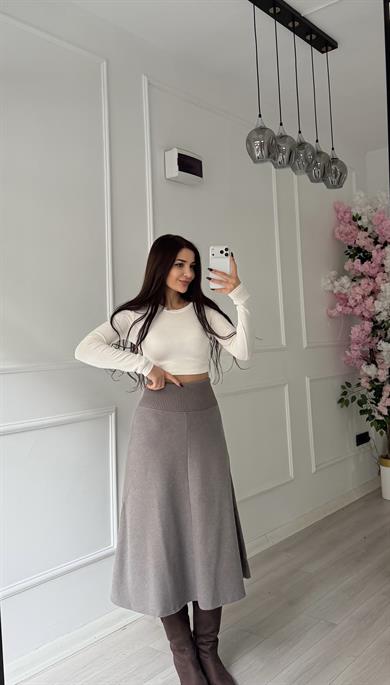 Kahve A Kesim Ribana Detaylı Triko Etek