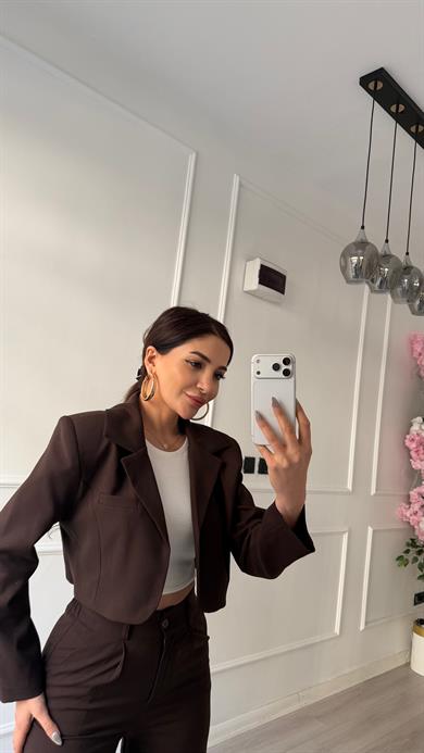 Acı Kahve 2li  Yüksek Bel Ceket Pantolon Takım-
