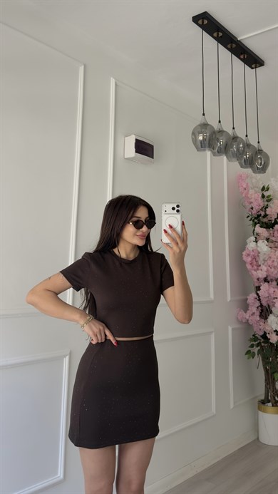 Acı Kahve Parıltılı Crop Etek Takım