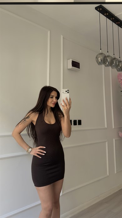 Acı Kahve Parıltılı Halter Yaka Mini Elbise