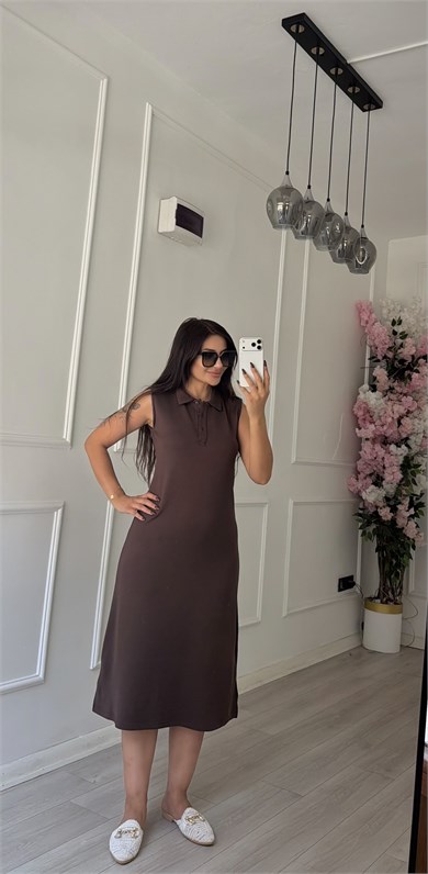 Acı Kahve Polo Yaka Sıfır Kol Uzun Elbise