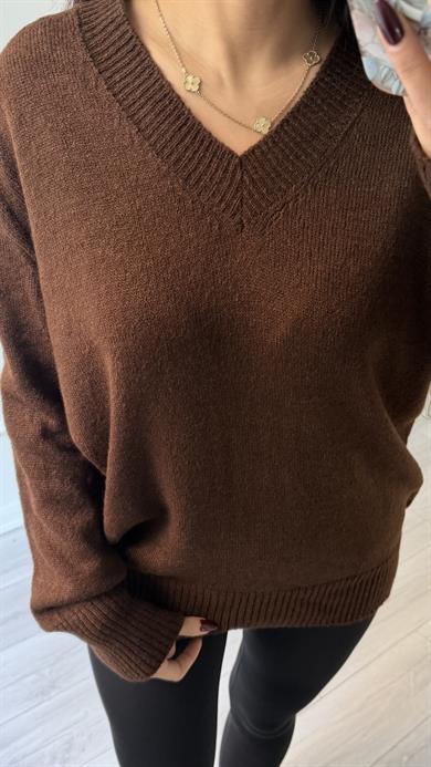 Acı Kahve V Yaka Standart Beden Oversize Basic Triko Kazak
