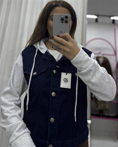  Kapüşonlu Lacivert Denim Kot Ceket-Gri