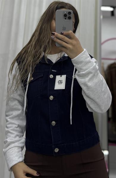  Kapüşonlu Lacivert Denim Kot Ceket-Gri