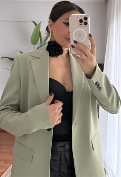 Haki Renk Astarlı Tek Düğmeli Blazer Ceket