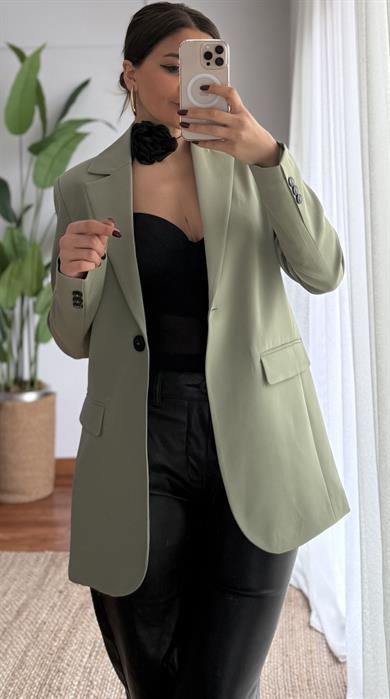 Haki Renk Astarlı Tek Düğmeli Blazer Ceket