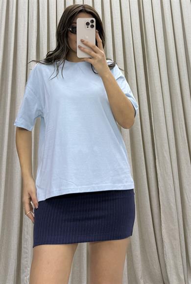 Açık Mavi Basic Bisiklet Yaka Oversize Pamuklu T-shirt