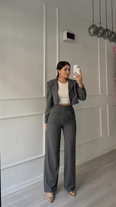 Antrasit 2li  Yüksek Bel Ceket Pantolon Takım-