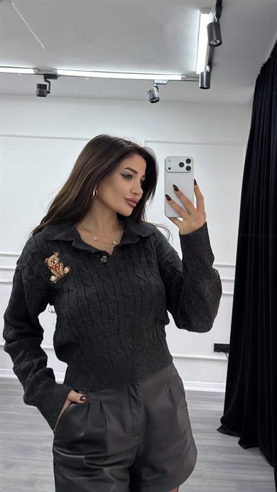 Antrasit Ayıcıklı Nakış Desenli Triko Kazak Bej 