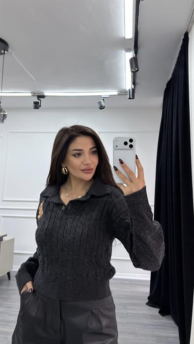 Antrasit Ayıcıklı Nakış Desenli Triko Kazak Bej 