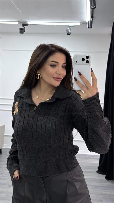 Antrasit Ayıcıklı Nakış Desenli Triko Kazak Bej 