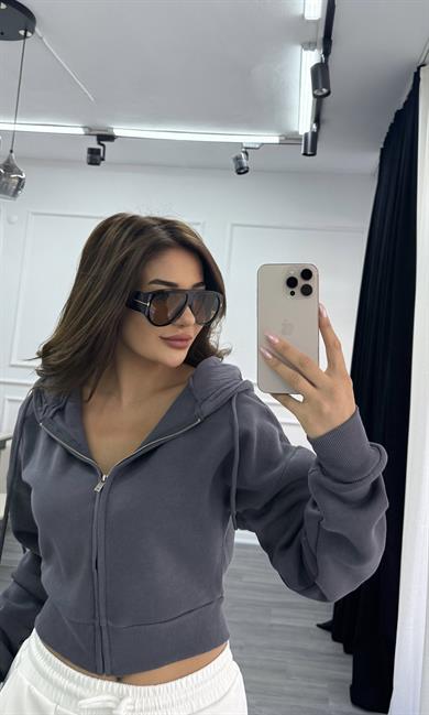 Antrasit Basic Fermuarlı Kapüşonlu Crop Kalın İçi Polarlı Örme Sweatshirt