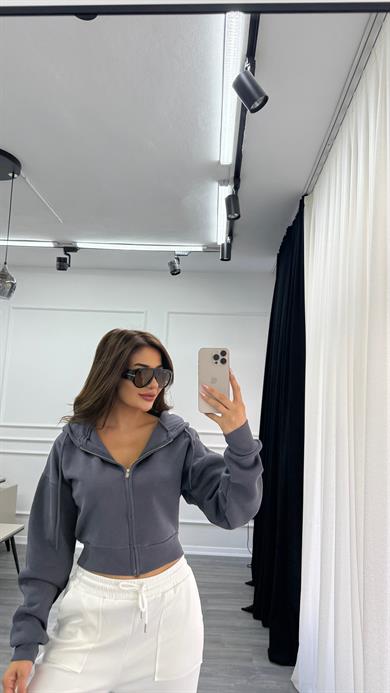 Antrasit Basic Fermuarlı Kapüşonlu Crop Kalın İçi Polarlı Örme Sweatshirt