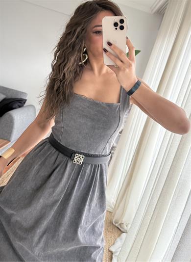 Antrasit Eskitme kare Yaka Sıfır Kol Örme Maxi Elbise
