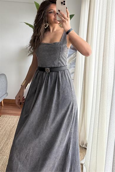 Antrasit Eskitme kare Yaka Sıfır Kol Örme Maxi Elbise