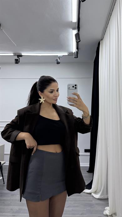 Antrasit Rahat Kalıp Krep Kumaş Önden  Yırtmaçlı Şort Etek