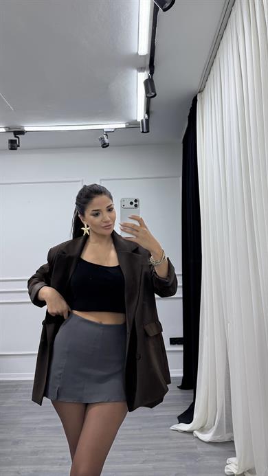 Antrasit Rahat Kalıp Krep Kumaş Önden  Yırtmaçlı Şort Etek