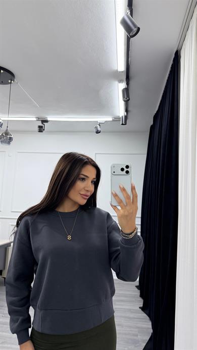 Gri Uzun Kollu Bisiklet Yaka Oversize Sweatshirt
