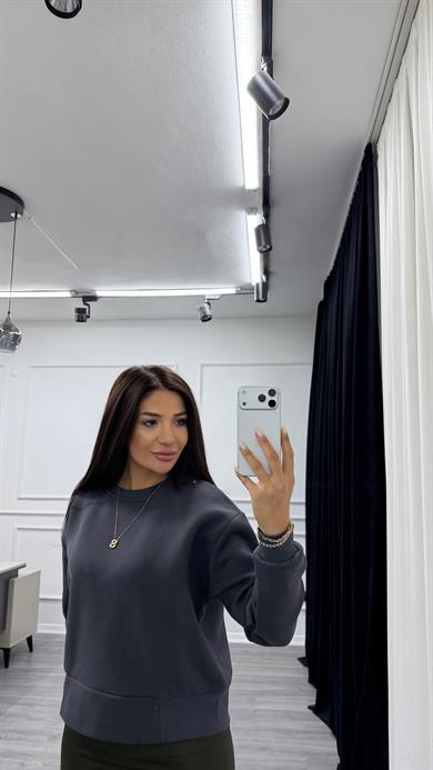 Gri Uzun Kollu Bisiklet Yaka Oversize Sweatshirt