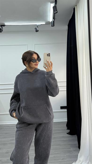 Antrasit Yıkamalı Oversize Kalın İçi Polarlı  Örme Takım