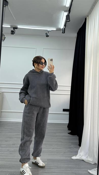 Antrasit Yıkamalı Oversize Kalın İçi Polarlı  Örme Takım
