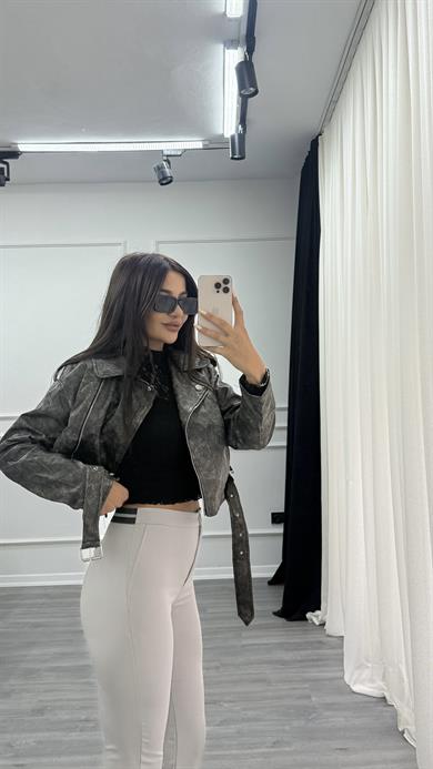 Antrasit Kemerli Astarlı Eskitme Deri Biker Kısa Ceket