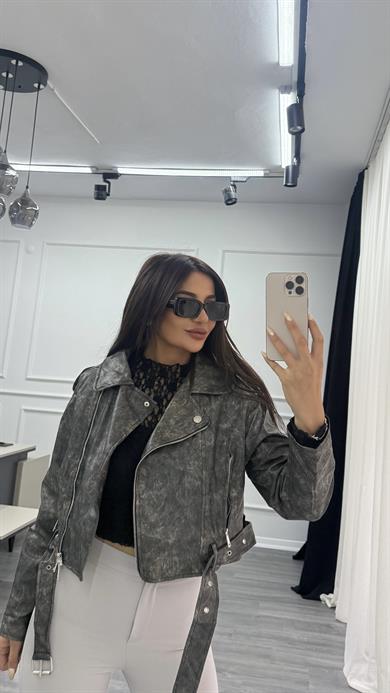 Antrasit Kemerli Astarlı Eskitme Deri Biker Kısa Ceket