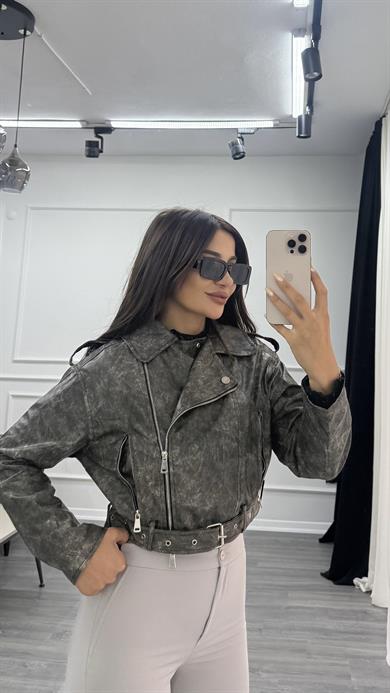 Antrasit Kemerli Astarlı Eskitme Deri Biker Kısa Ceket