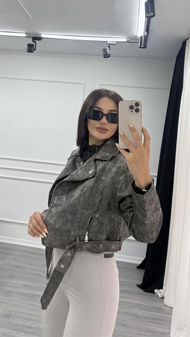 Antrasit Kemerli Astarlı Eskitme Deri Biker Kısa Ceket