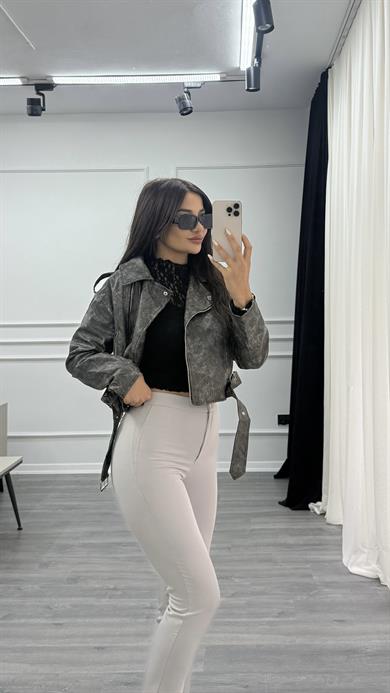 Arka Detay Lastikli Gri Havuç Kesim Kumaş Pantolon