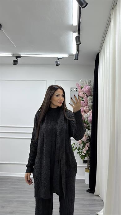 Atkılı Saç Örgü 3lü Triko Takım- Antrasit