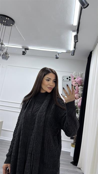 Atkılı Saç Örgü 3lü Triko Takım- Antrasit