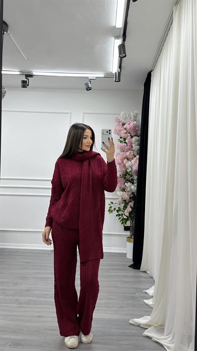 Atkılı Saç Örgü 3lü Triko Takım- bordo