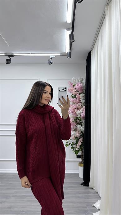 Atkılı Saç Örgü 3lü Triko Takım- bordo