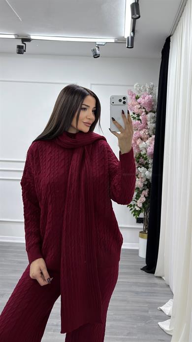 Atkılı Saç Örgü 3lü Triko Takım- bordo