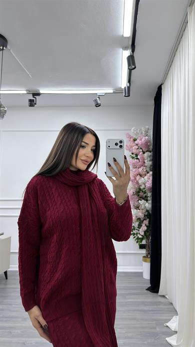 Atkılı Saç Örgü 3lü Triko Takım- bordo