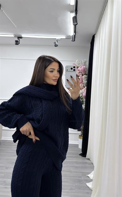 Atkılı Saç Örgü 3lü Triko Takım- Lacivert